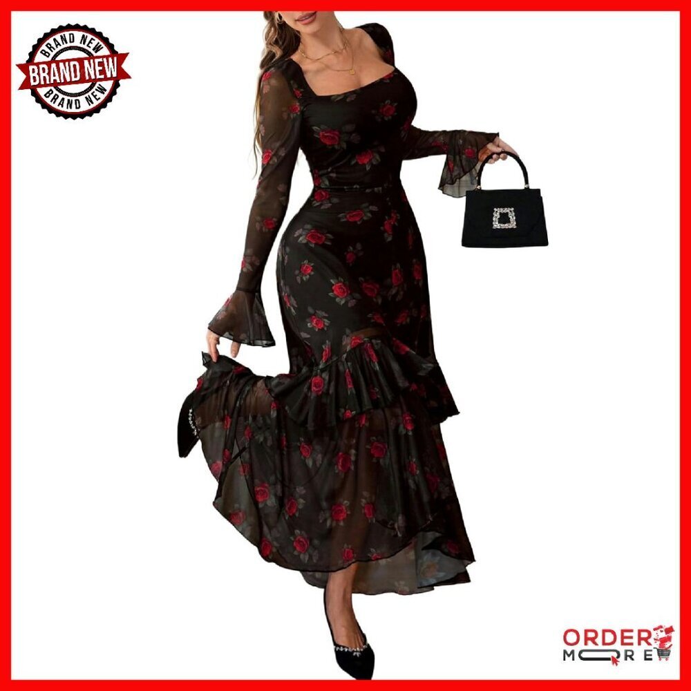 Floral Mesh Maxi Dress Long Sleeve Square Neck Ruffle Hem Formal